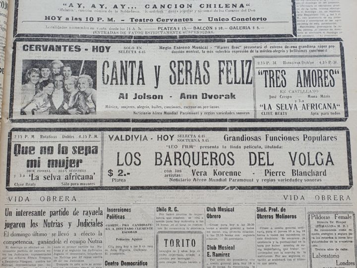 Jueves 5 de noviembre de 1936: A menos de 1 año de su inauguración -14 de noviembre de 1935- el antiguo Correo de Valdivia informaba del estreno en el Teatro Cervantes del musical "El Alma dl Bandoneón", protagonizada por la actriz argentina Libertad Lamarque y el actor uruguayo Domingo Sapelly.